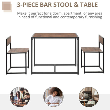 3 Pc Industrial Table and Stool Set with Steel Frame and MDF Panels - Wood & Black