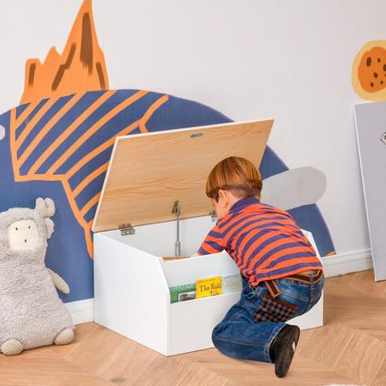 Wooden Kids Toy Box Storage Chest with Book Slot and Safety Hinge - White