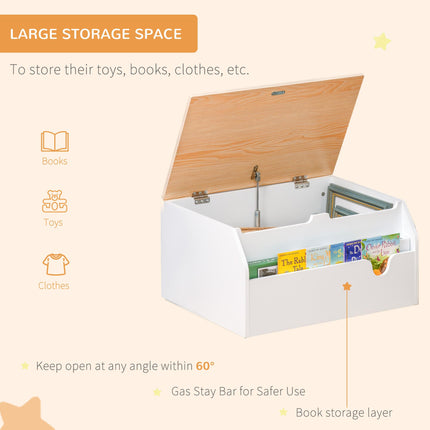 Wooden Kids Toy Box Storage Chest with Book Slot and Safety Hinge - White