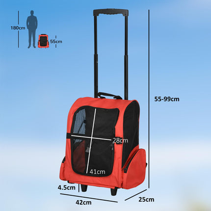 Dog Carrier Travel Backpack with Trolley and Telescopic Handle 42x25x55 cm - Red