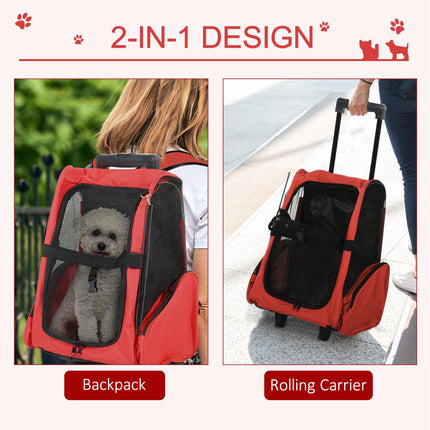 Dog Carrier Travel Backpack with Trolley and Telescopic Handle 42x25x55 cm - Red