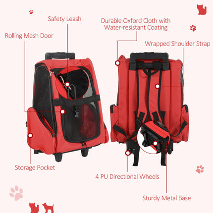 Dog Carrier Travel Backpack with Trolley and Telescopic Handle 42x25x55 cm - Red