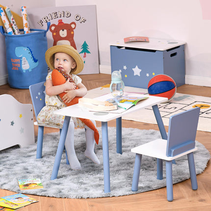 3 Piece Kids Wooden Table and Chairs Set with Star Design - Blue and White