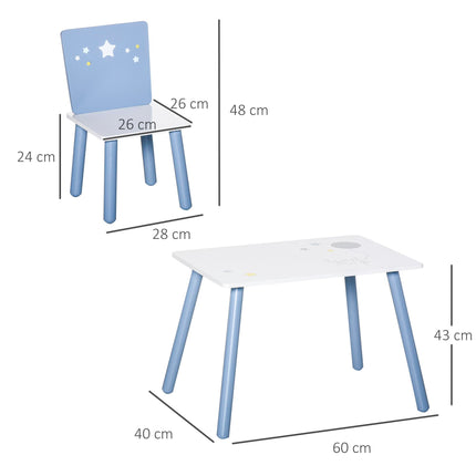 3 Piece Kids Wooden Table and Chairs Set with Star Design - Blue and White