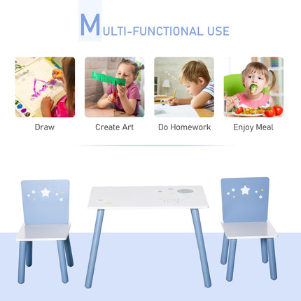 3 Piece Kids Wooden Table and Chairs Set with Star Design - Blue and White