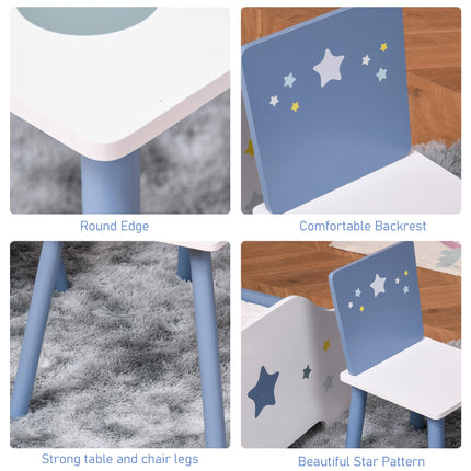 3 Piece Kids Wooden Table and Chairs Set with Star Design - Blue and White
