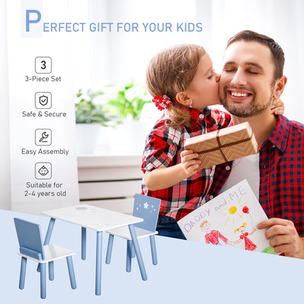 3 Piece Kids Wooden Table and Chairs Set with Star Design - Blue and White