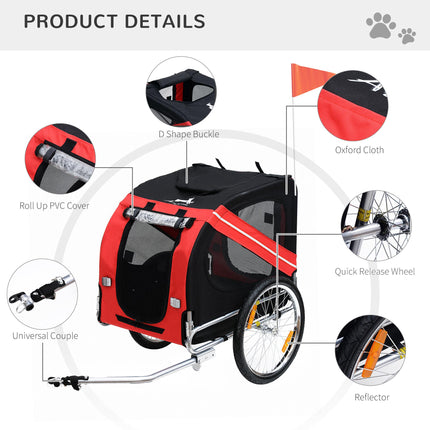 Dog Bike Trailer Folding Pet Carrier with Steel Frame - Red & Black