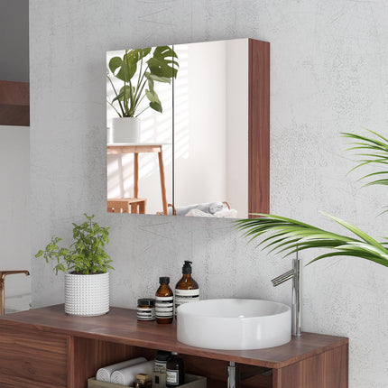 Wall Mounted Glass Bathroom Mirror Cabinet with Storage - Light Walnut