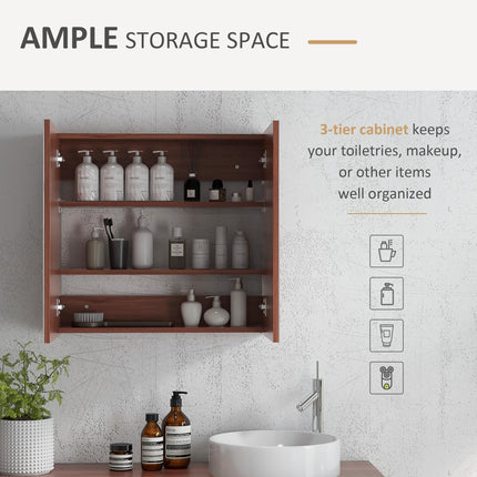 Wall Mounted Glass Bathroom Mirror Cabinet with Storage - Light Walnut