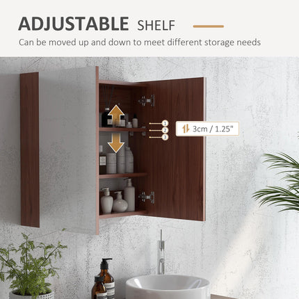 Wall Mounted Glass Bathroom Mirror Cabinet with Storage - Light Walnut