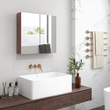 Wall Mounted Glass Bathroom Mirror Cabinet with Storage - Light Walnut
