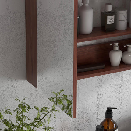 Wall Mounted Glass Bathroom Mirror Cabinet with Storage - Light Walnut