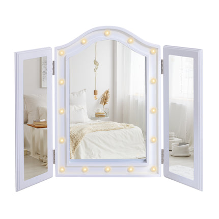 Trifold Freestanding Lighted Vanity Mirror with 16 LED Lights, Battery Powered - White