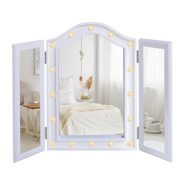 Trifold Freestanding Lighted Vanity Mirror with 16 LED Lights, Battery Powered - White