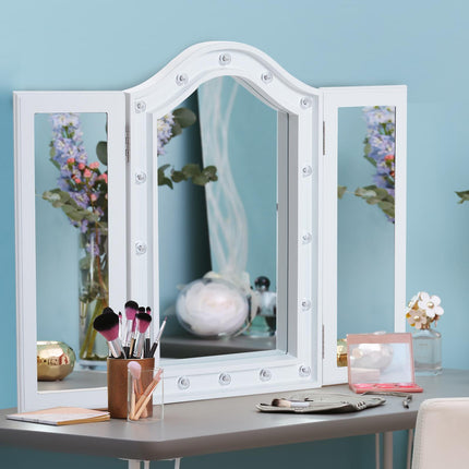 Trifold Freestanding Lighted Vanity Mirror with 16 LED Lights, Battery Powered - White