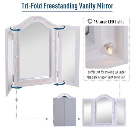Trifold Freestanding Lighted Vanity Mirror with 16 LED Lights, Battery Powered - White