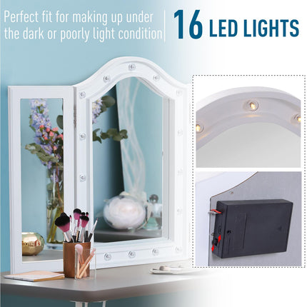 Trifold Freestanding Lighted Vanity Mirror with 16 LED Lights, Battery Powered - White