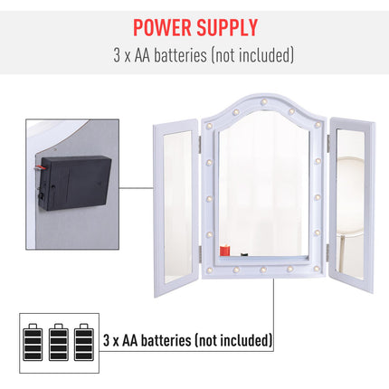 Trifold Freestanding Lighted Vanity Mirror with 16 LED Lights, Battery Powered - White