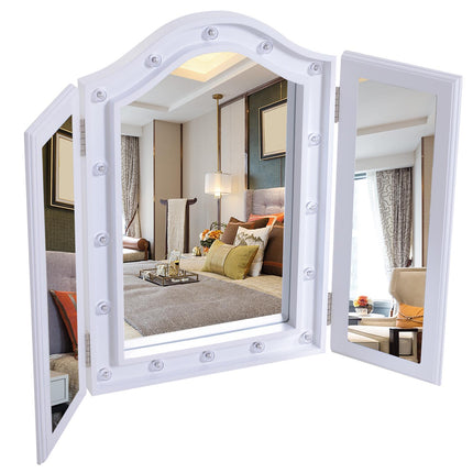 Trifold Freestanding Lighted Vanity Mirror with 16 LED Lights, Battery Powered - White