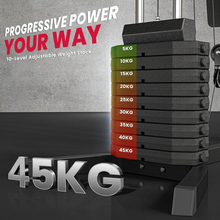 Multi-Exercise Gym Station with 45kg Weight Stack for Full Body Workout - Black