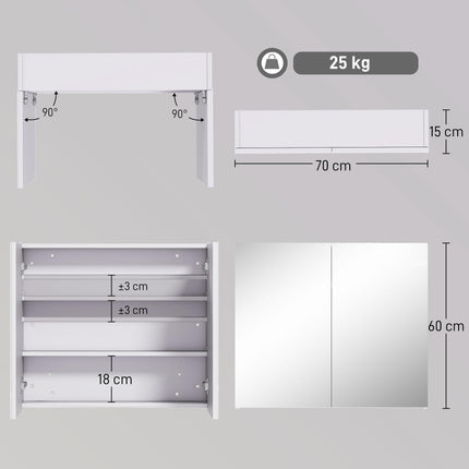 Wall Mounted Bathroom Mirror Storage Cabinet with Adjustable Shelves - White