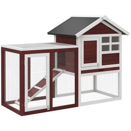 122 Wooden Rabbit Hutch with Waterproof Asphalt Roof, Outdoor Run, Removable Tray & Ramp - Brown