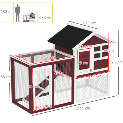 122 Wooden Rabbit Hutch with Waterproof Asphalt Roof, Outdoor Run, Removable Tray & Ramp - Brown