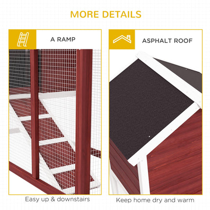 122 Wooden Rabbit Hutch with Waterproof Asphalt Roof, Outdoor Run, Removable Tray & Ramp - Brown