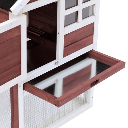 122 Wooden Rabbit Hutch with Waterproof Asphalt Roof, Outdoor Run, Removable Tray & Ramp - Brown