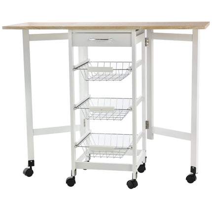 Drop-Leaf Kitchen Trolley with 3 Baskets, Drawer & 6 Wheels Rolling Storage Cart - White Oak Tone