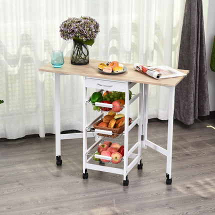 Drop-Leaf Kitchen Trolley with 3 Baskets, Drawer & 6 Wheels Rolling Storage Cart - White Oak Tone