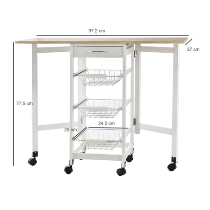 Drop-Leaf Kitchen Trolley with 3 Baskets, Drawer & 6 Wheels Rolling Storage Cart - White Oak Tone