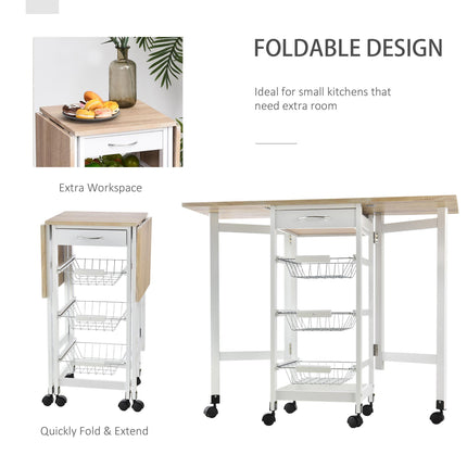 Drop-Leaf Kitchen Trolley with 3 Baskets, Drawer & 6 Wheels Rolling Storage Cart - White Oak Tone