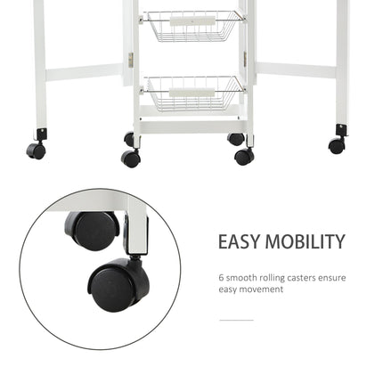 Drop-Leaf Kitchen Trolley with 3 Baskets, Drawer & 6 Wheels Rolling Storage Cart - White Oak Tone