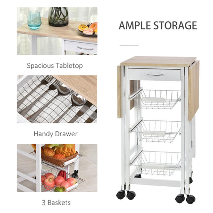 Drop-Leaf Kitchen Trolley with 3 Baskets, Drawer & 6 Wheels Rolling Storage Cart - White Oak Tone