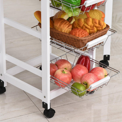 Drop-Leaf Kitchen Trolley with 3 Baskets, Drawer & 6 Wheels Rolling Storage Cart - White Oak Tone