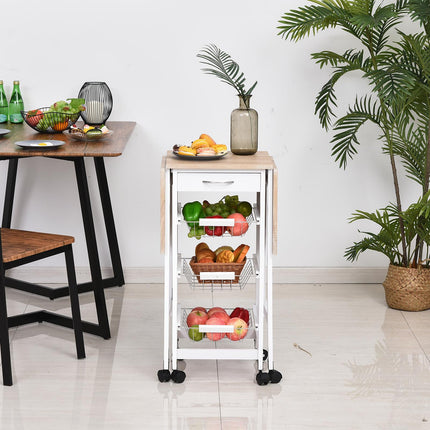 Drop-Leaf Kitchen Trolley with 3 Baskets, Drawer & 6 Wheels Rolling Storage Cart - White Oak Tone