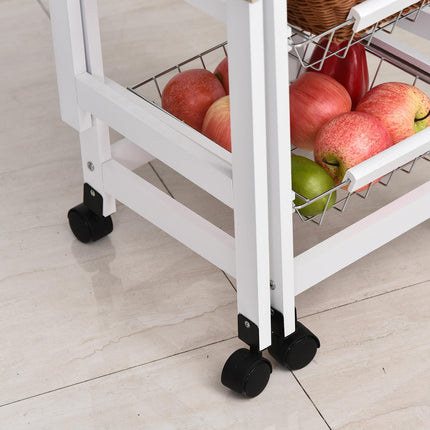Drop-Leaf Kitchen Trolley with 3 Baskets, Drawer & 6 Wheels Rolling Storage Cart - White Oak Tone