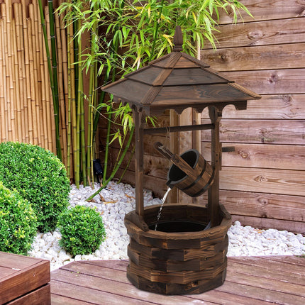 Fir Wood Outdoor Garden Wishing Well Waterfall Feature - Carbonized Wood Color