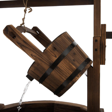 Fir Wood Outdoor Garden Wishing Well Waterfall Feature - Carbonized Wood Color