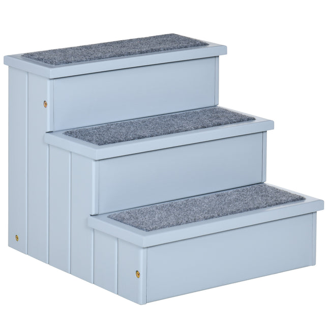 3 Step Wooden Dog Stairs with Non-Slip Carpet and Storage - Grey