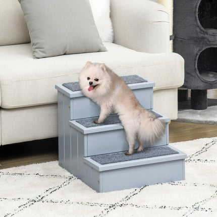 3 Step Wooden Dog Stairs with Non-Slip Carpet and Storage - Grey