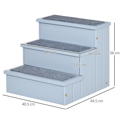 3 Step Wooden Dog Stairs with Non-Slip Carpet and Storage - Grey