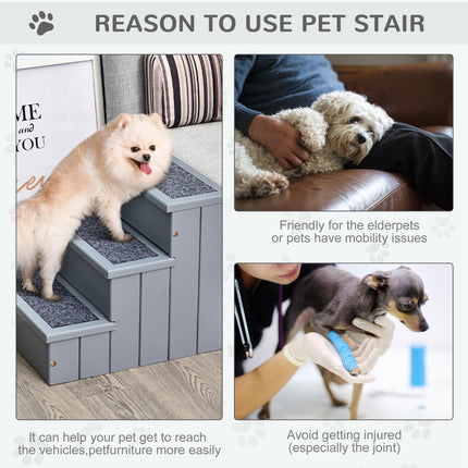 3 Step Wooden Dog Stairs with Non-Slip Carpet and Storage - Grey