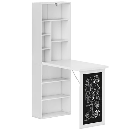 Fold-out Convertible Wall Mount Writing Desk with Blackboard and Side Shelf - White