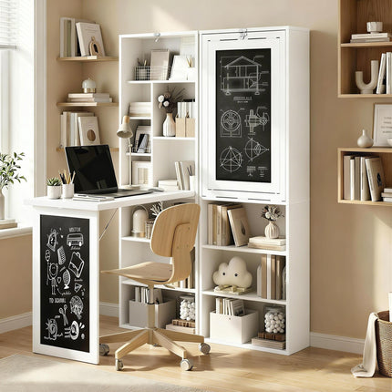 Fold-out Convertible Wall Mount Writing Desk with Blackboard and Side Shelf - White