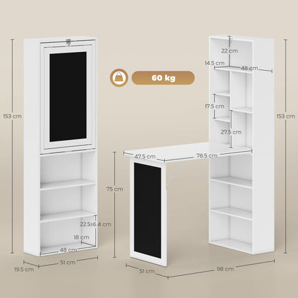 Fold-out Convertible Wall Mount Writing Desk with Blackboard and Side Shelf - White