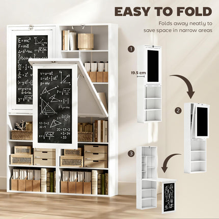 Fold-out Convertible Wall Mount Writing Desk with Blackboard and Side Shelf - White