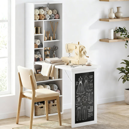 Fold-out Convertible Wall Mount Writing Desk with Blackboard and Side Shelf - White
